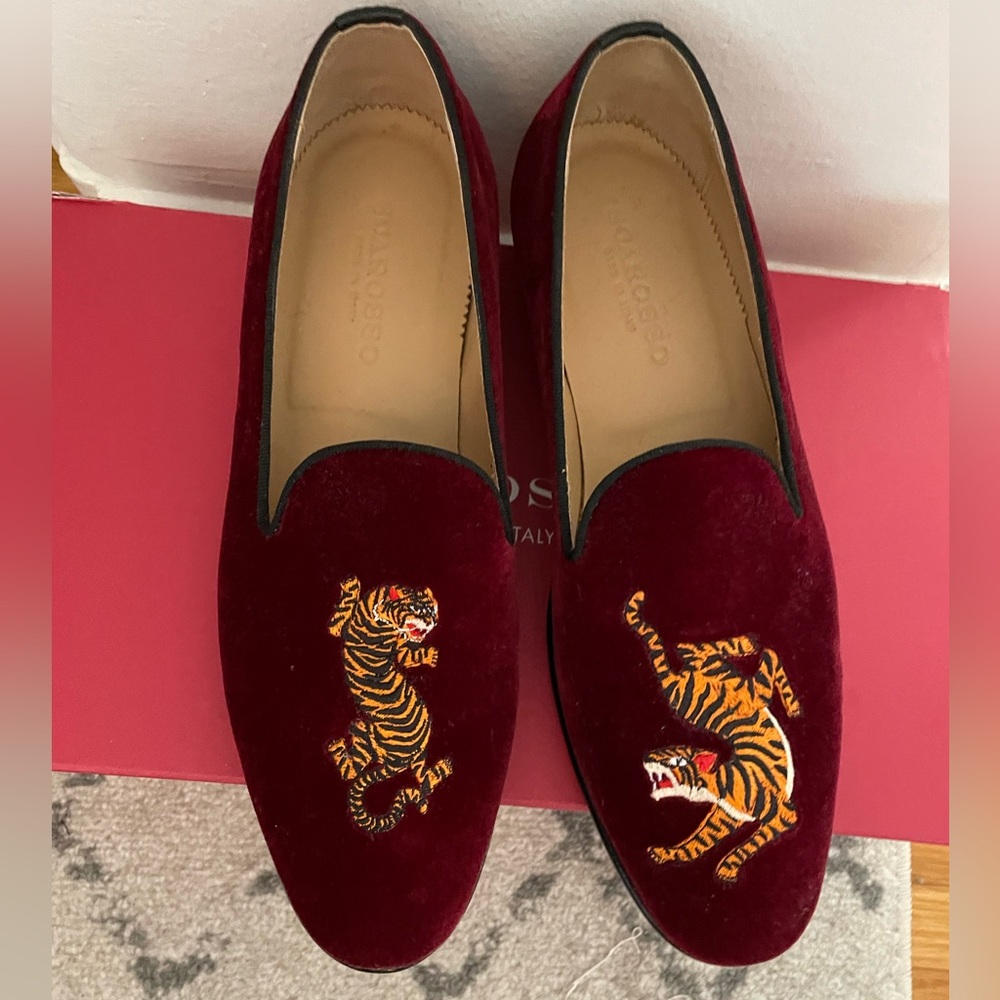 Scarossa burgundy velvet tiger mens loafers